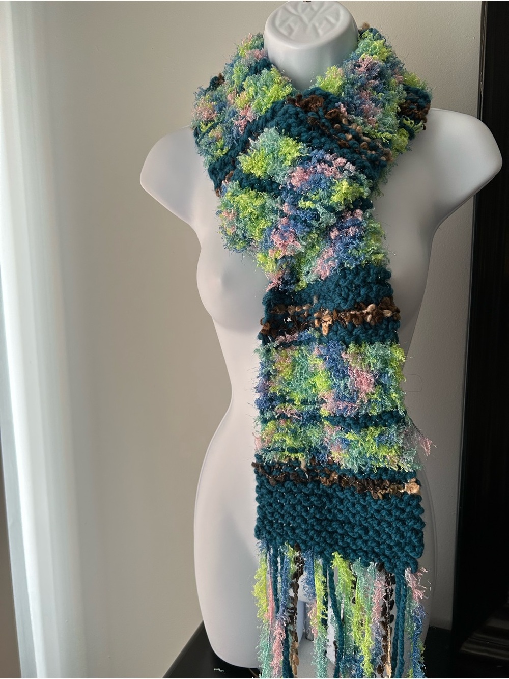 Handmade Multicolor Textured Knit Scarf - Teal, Lime & Pink
